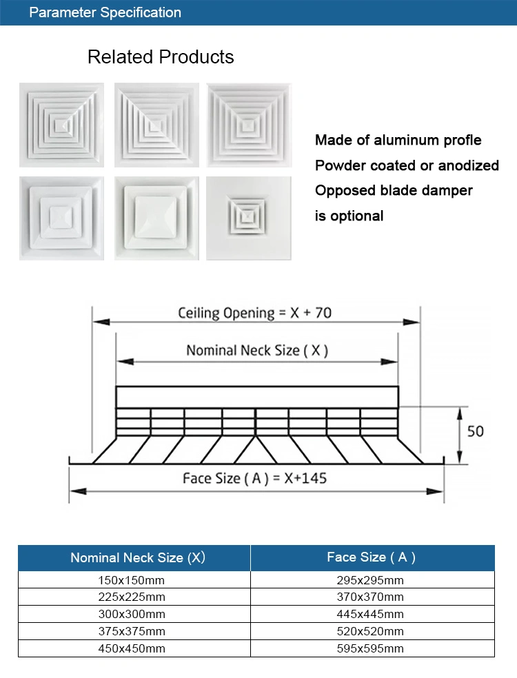 Customized Aluminum High Quality Square Diffuser 4 Way HVAC System Air Diffuser